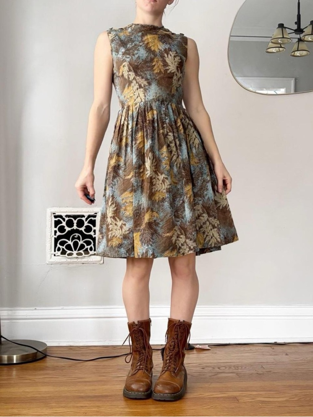 Vintage 60s brown + green floral print tea dress
